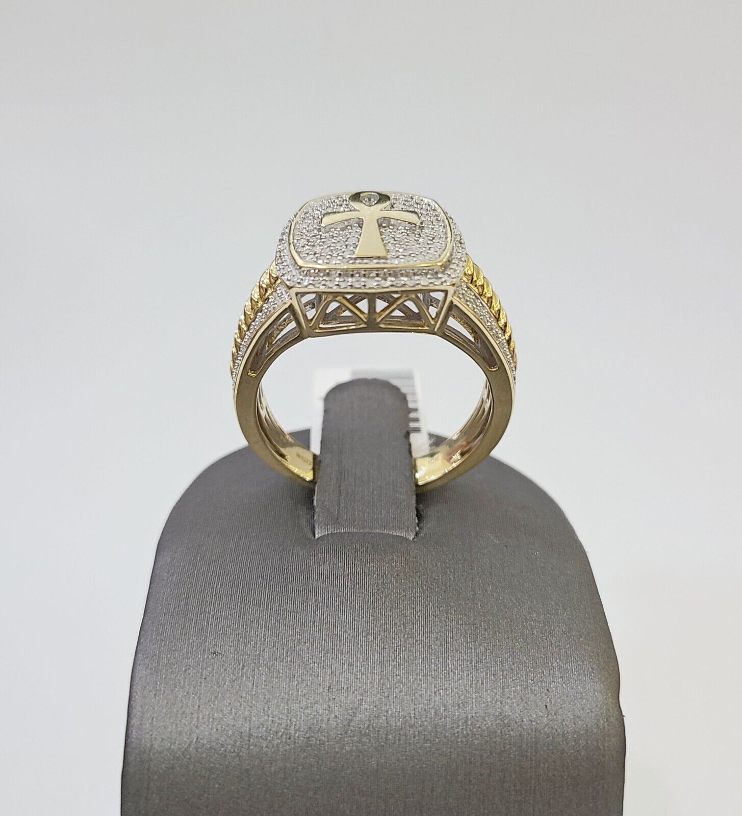 Real 10k Yellow Gold Diamond Mens Ring Ankh Cross Band Wedding Genuine Natural - GoldenlinQ